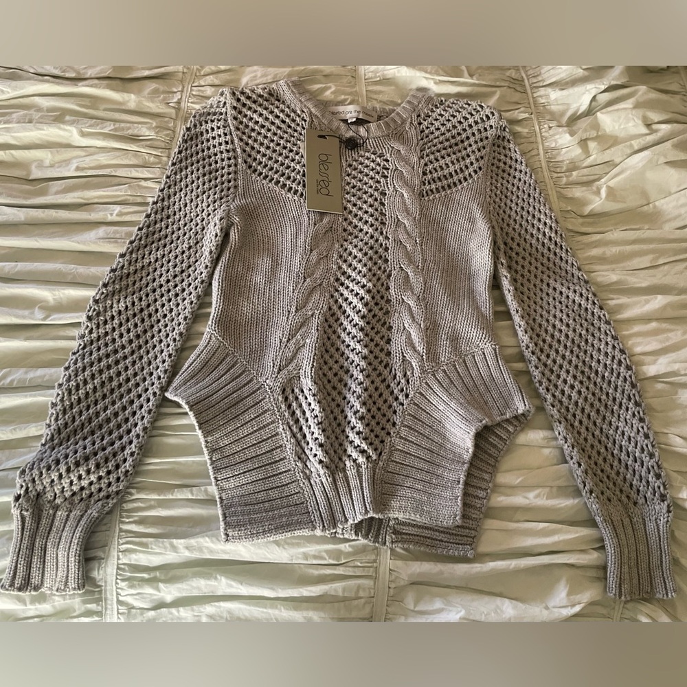 NWTags Blessed are the Meek Gray Open Stitch Cable-knit Butterfly Waist Sweater
